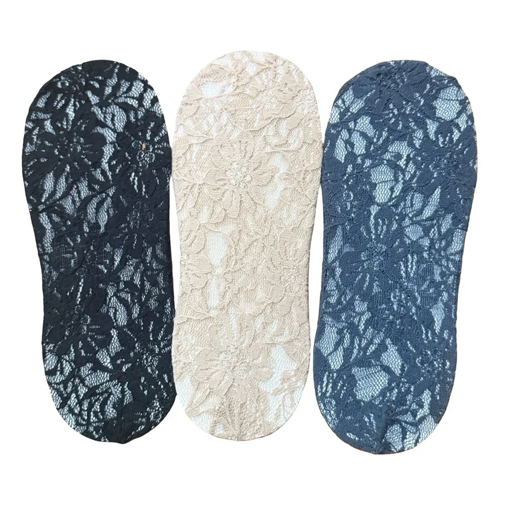 3-pack Medium Lace Footie No-Show Socks Black Cream Gray